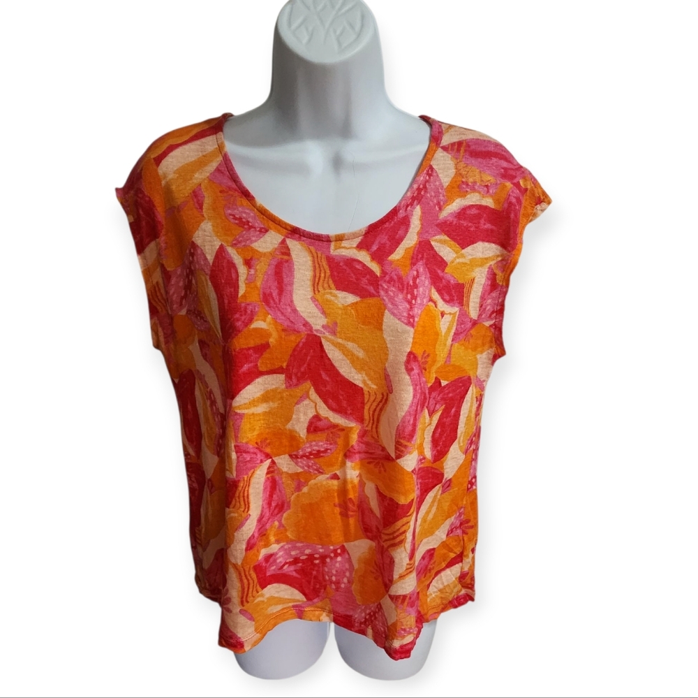 Cynthia Rowley Bright Pink Orange Yellow Leaf-Print Sleeveless Blouse